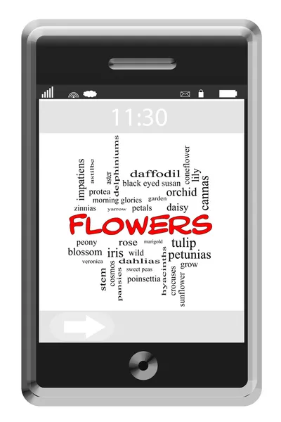 Conceito de nuvem do Word Flores em um telefone Touchscreen — Fotografia de Stock