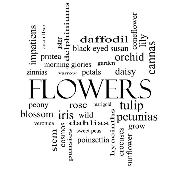 Flowers Word Cloud Concept in black and white
