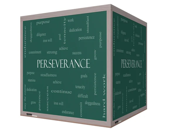 Perseverance Word Cloud Concept on a 3D cube Blackboard — Stock Photo, Image