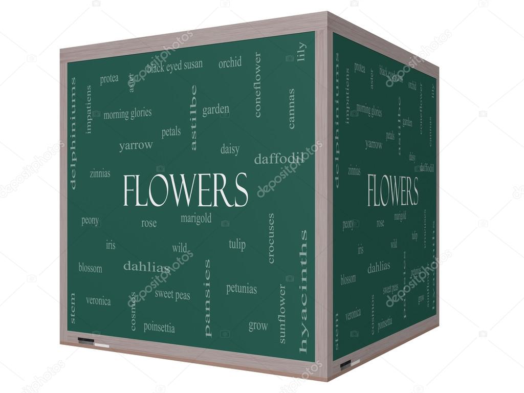 Flowers Word Cloud Concept on a 3D cube Blackboard