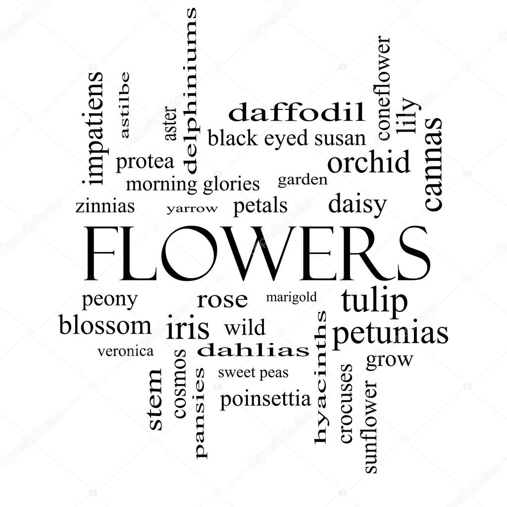 Flowers Word Cloud Concept in black and white