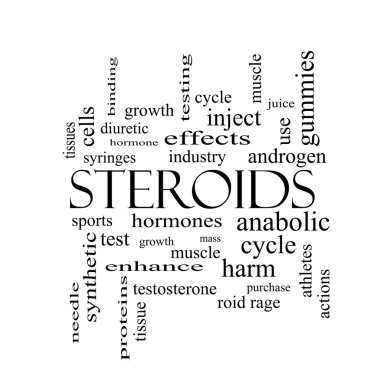 Steroidler kelime bulutu kavramı siyah beyaz