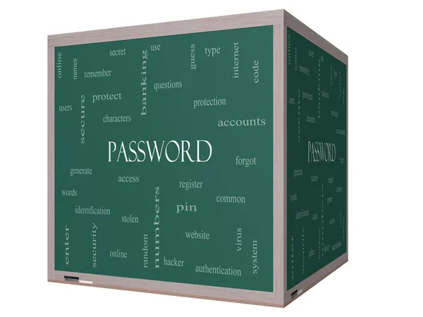 Password Word Cloud Concept on a 3D cube Blackboard — Stock Photo, Image