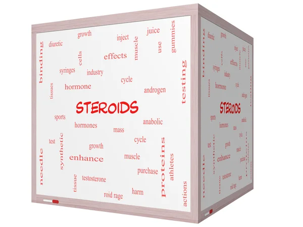 Steroidi Word Cloud Concept su una lavagna 3D cubo — Foto Stock