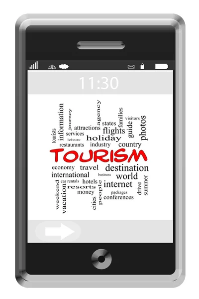 Tourismus Word Cloud-Konzept auf einem Touchscreen-Handy — Stockfoto