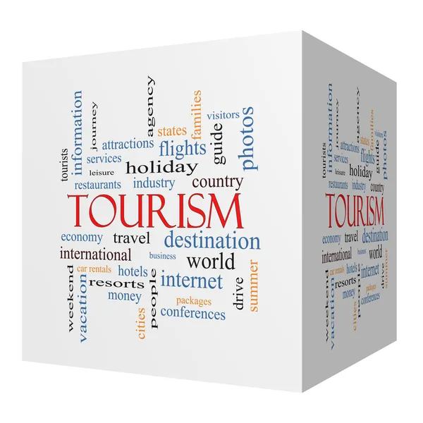 Turismo 3D cubo Word Cloud Concept — Foto Stock