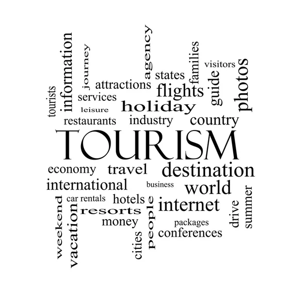 Turism ordet moln koncept i svart och vitt — Stockfoto