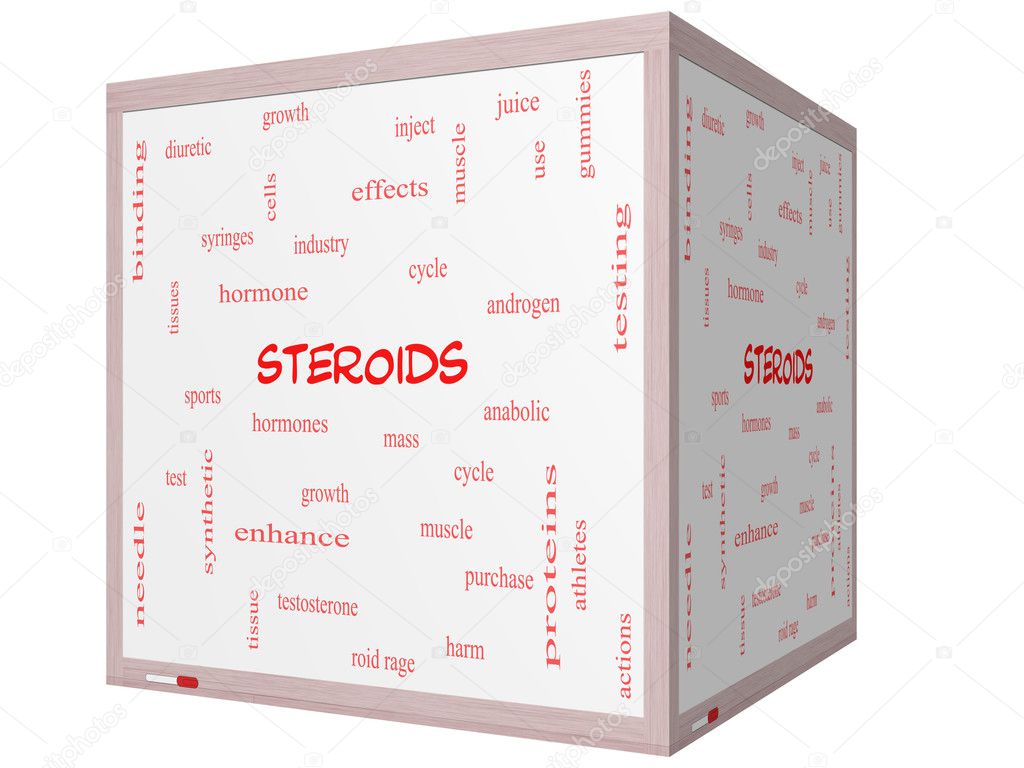 Steroids Word Cloud Concept on a 3D cube Whiteboard