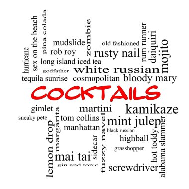 Cocktails Word Cloud Concept in red caps clipart
