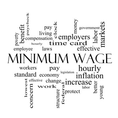 Minimum Wage Word Cloud Concept in black and white clipart