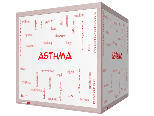 Astmy słowo chmura koncepcja na 3d sześcian tablicy — Zdjęcie stockowe