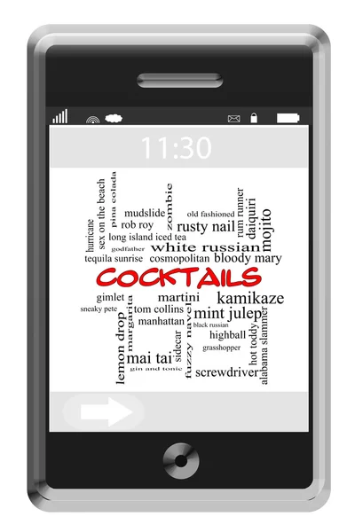 Cocktails Word Cloud koncept på en touchscreen telefon - Stock-foto