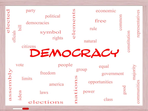 Democracy Word Cloud Concept on a Whiteboard — Stock Photo, Image
