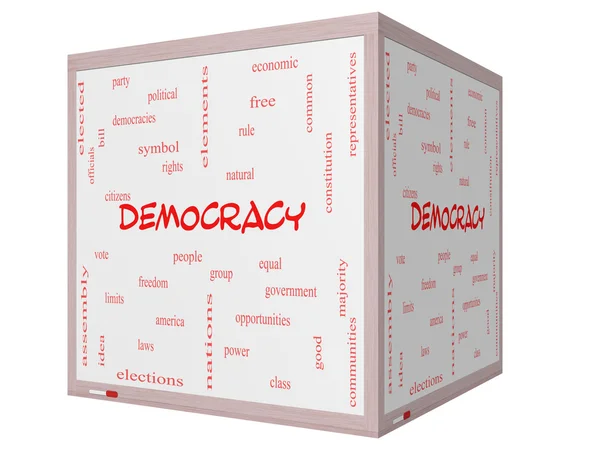 Democratie woord wolk concept op een 3d cube whiteboard — Stockfoto