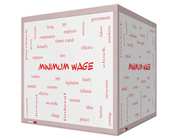 Mindestlohn-Word-Cloud-Konzept auf einem 3D-Würfel-Whiteboard — Stockfoto