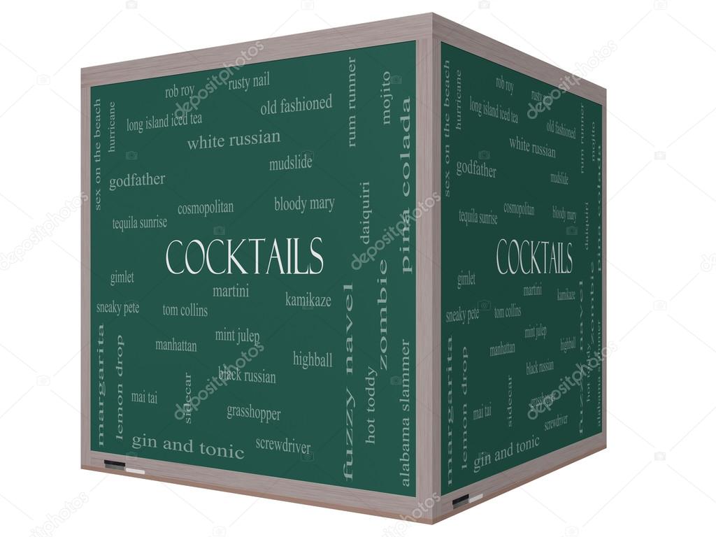 Cocktails Word Cloud Concept on a 3D cube Blackboard