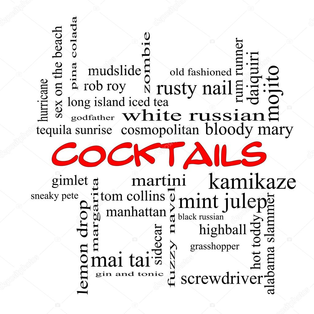 Cocktails Word Cloud Concept in red caps
