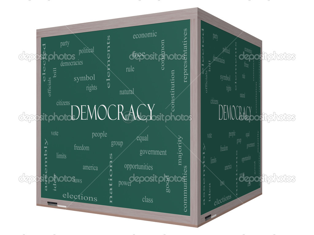 Democracy 3D cube Word Cloud Concept on a Blackboard
