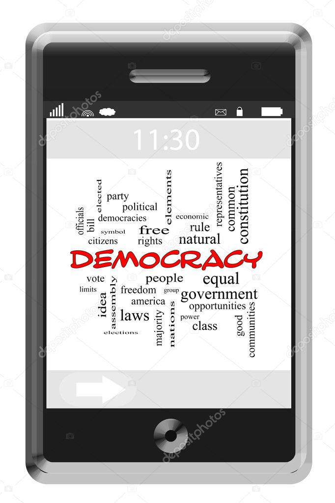 Democracy Word Cloud Concept on a Touchscreen Phone