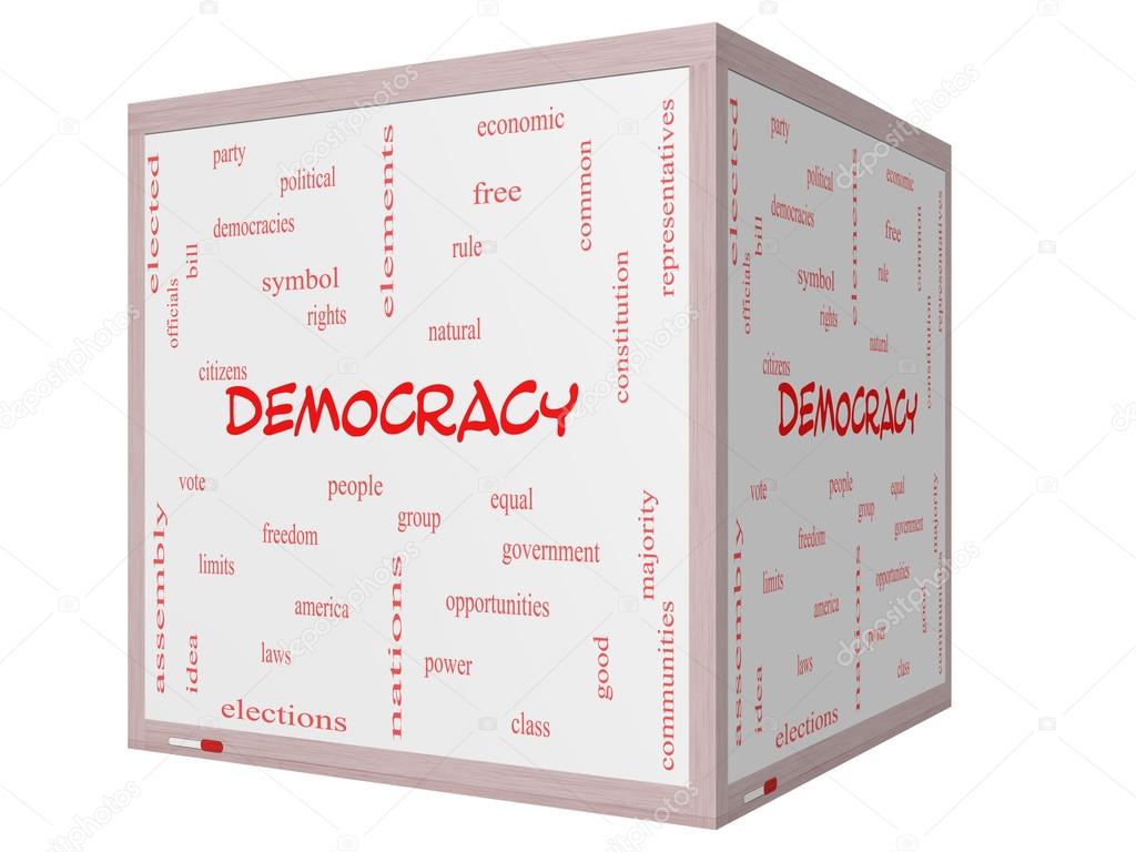 Democracy Word Cloud Concept on a 3D cube Whiteboard