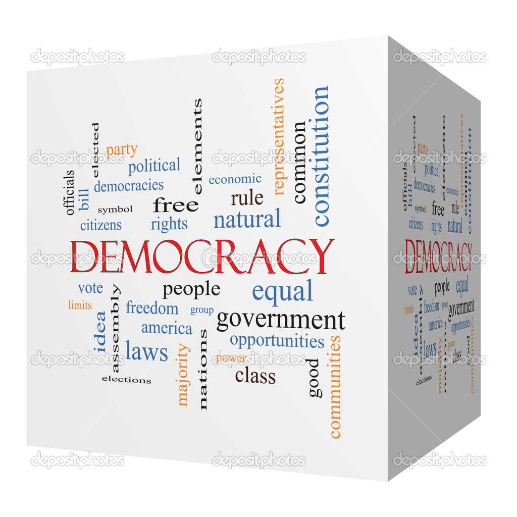 Democracy 3D cube Word Cloud Concept