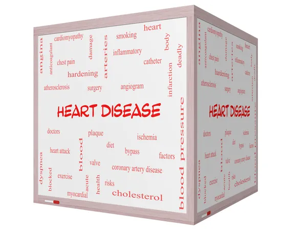 Heart Disease Word Cloud Concept on a 3D cube Whiteboard — Stock Photo, Image