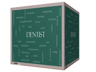 diş hekimi word cloud kavramı üzerinde bir 3d cube yazı tahtası