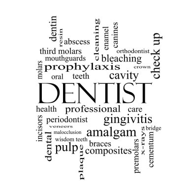 Dentist Word Cloud Concept in black and white clipart
