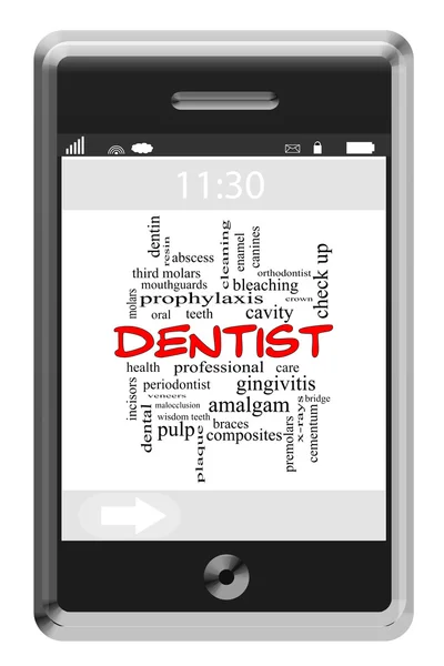 Dentist Word Cloud Concept on a Touchscreen Phone — Stock Photo, Image