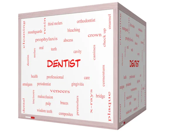 Dentist Word Cloud Concept pe un cub 3D Whiteboard — Fotografie, imagine de stoc