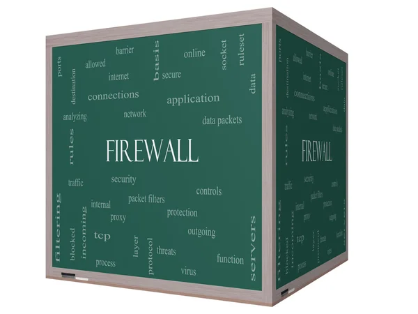 Firewall Word Cloud Concept on a 3D cube Blackboard — Stock Photo, Image