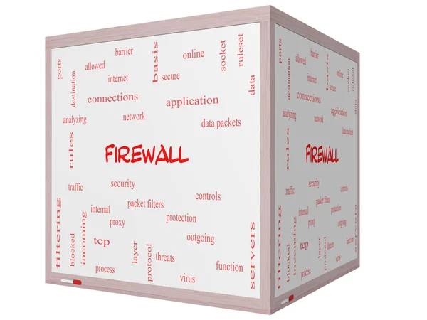 Firewall-Word-Cloud-Konzept auf einem 3D-Würfel-Whiteboard — Stockfoto