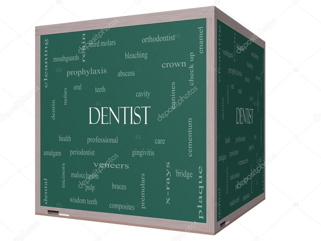 Dentist Word Cloud Concept on a 3D cube Blackboard