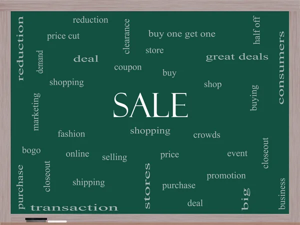 Venta Word Cloud Concept en una pizarra — Foto de Stock