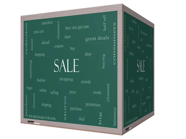 Sale Word Cloud Concept on a 3D cube Blackboard — Stock Photo, Image