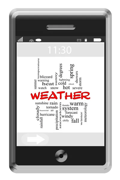 Weather Word Cloud Concept on a Touchscreen Phone — Stock Photo, Image