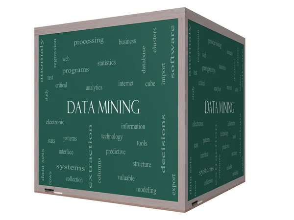 Data Mining Word Cloud Concept on a 3D cube Blackboard — Stock Photo, Image
