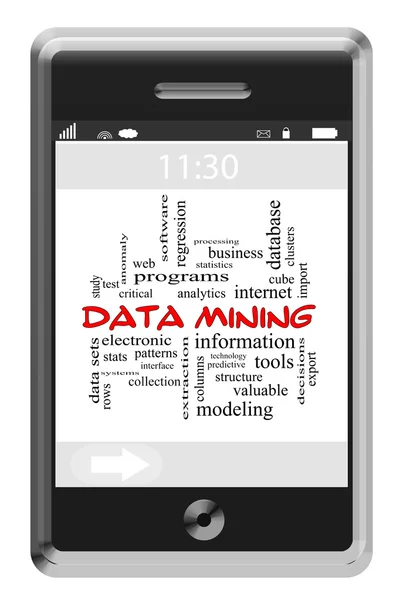 Concetto di data mining Word Cloud su un telefono touchscreen — Foto Stock