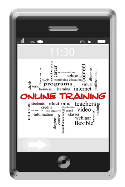 On line training word cloud concept op een touchscreen telefoon — Stockfoto