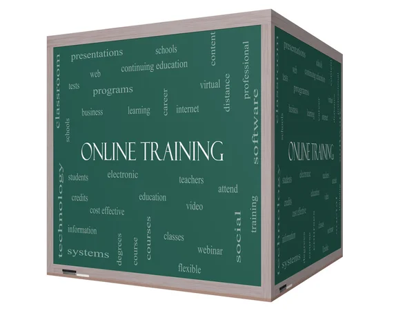 Online-Schulung Wort Cloud-Konzept auf einem 3D-Würfel Tafel — Stockfoto