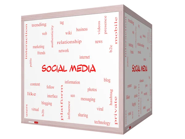 Social Media Word Cloud Concept on a 3D cube Whiteboard — Stock Photo, Image
