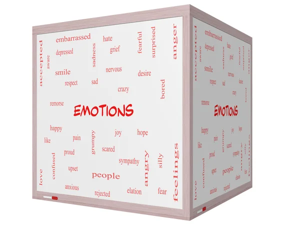 Emoties woord wolk concept op een 3d cube whiteboard — Stockfoto