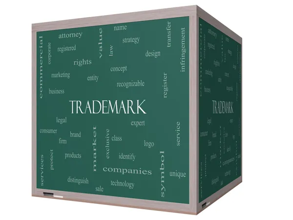 Trademark Word Cloud Concept on a 3D cube Blackboard — Stock Photo, Image