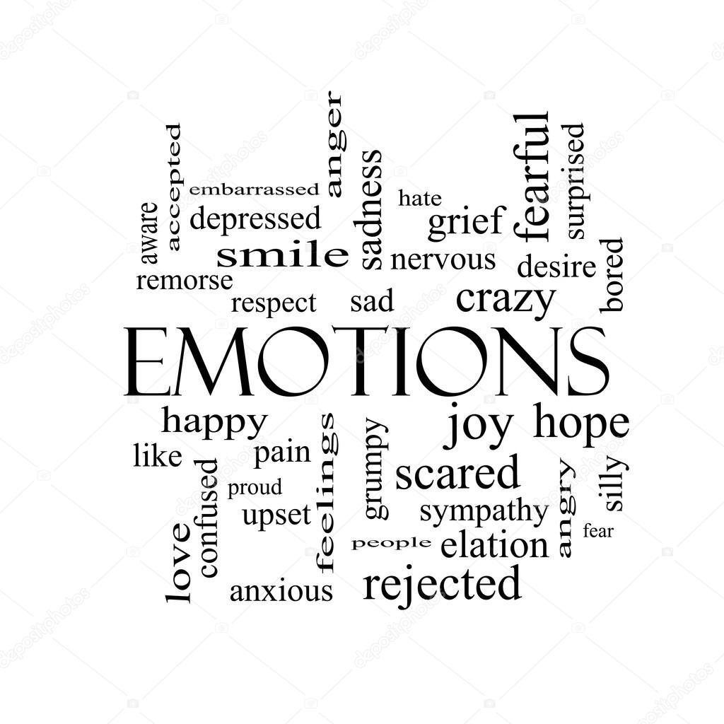 Emotions Word Cloud Concept in black and white