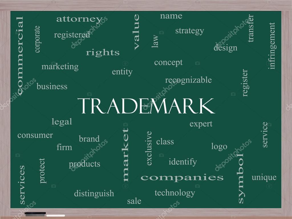 Trademark Word Cloud Concept on a Blackboard with great terms such as brand, logo, legal and more.