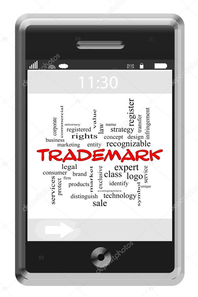 Trademark Word Cloud Concept on a Touchscreen Phone with great terms such as legal, brand, logo and more.