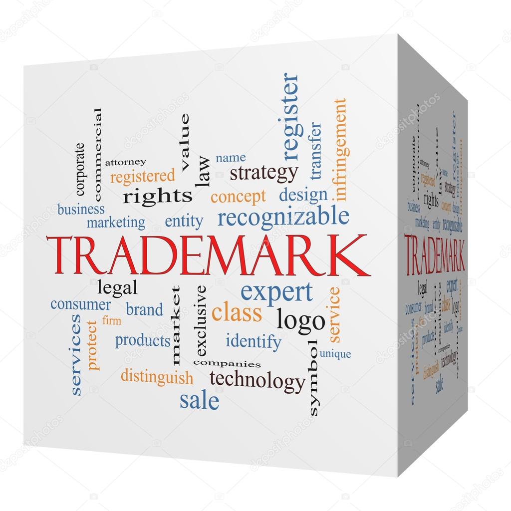 Trademark 3D cube Word Cloud Concept with great terms such as brand, logo, legal and more.