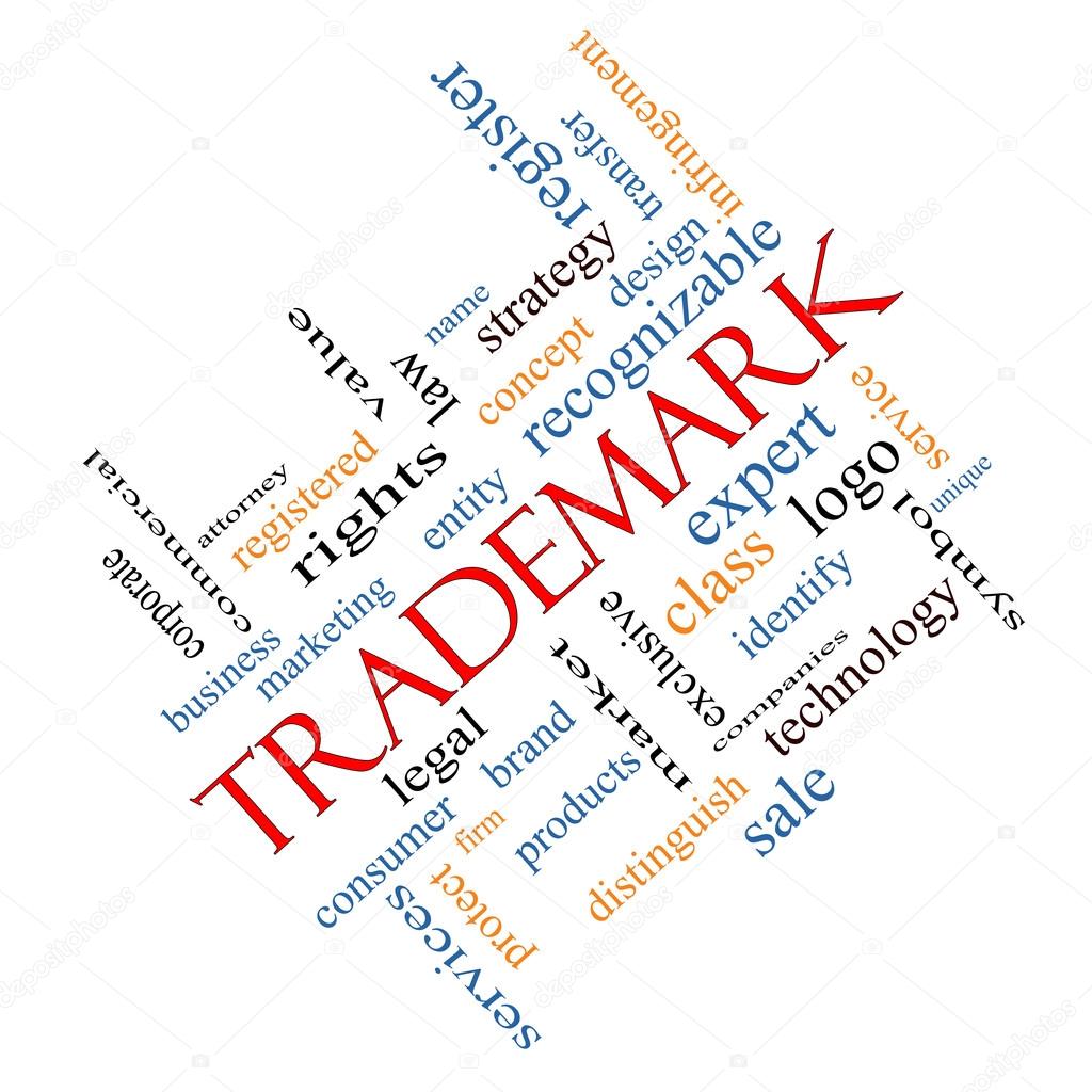 Trademark Word Cloud Concept angled with great terms such as brand, logo, legal and more.