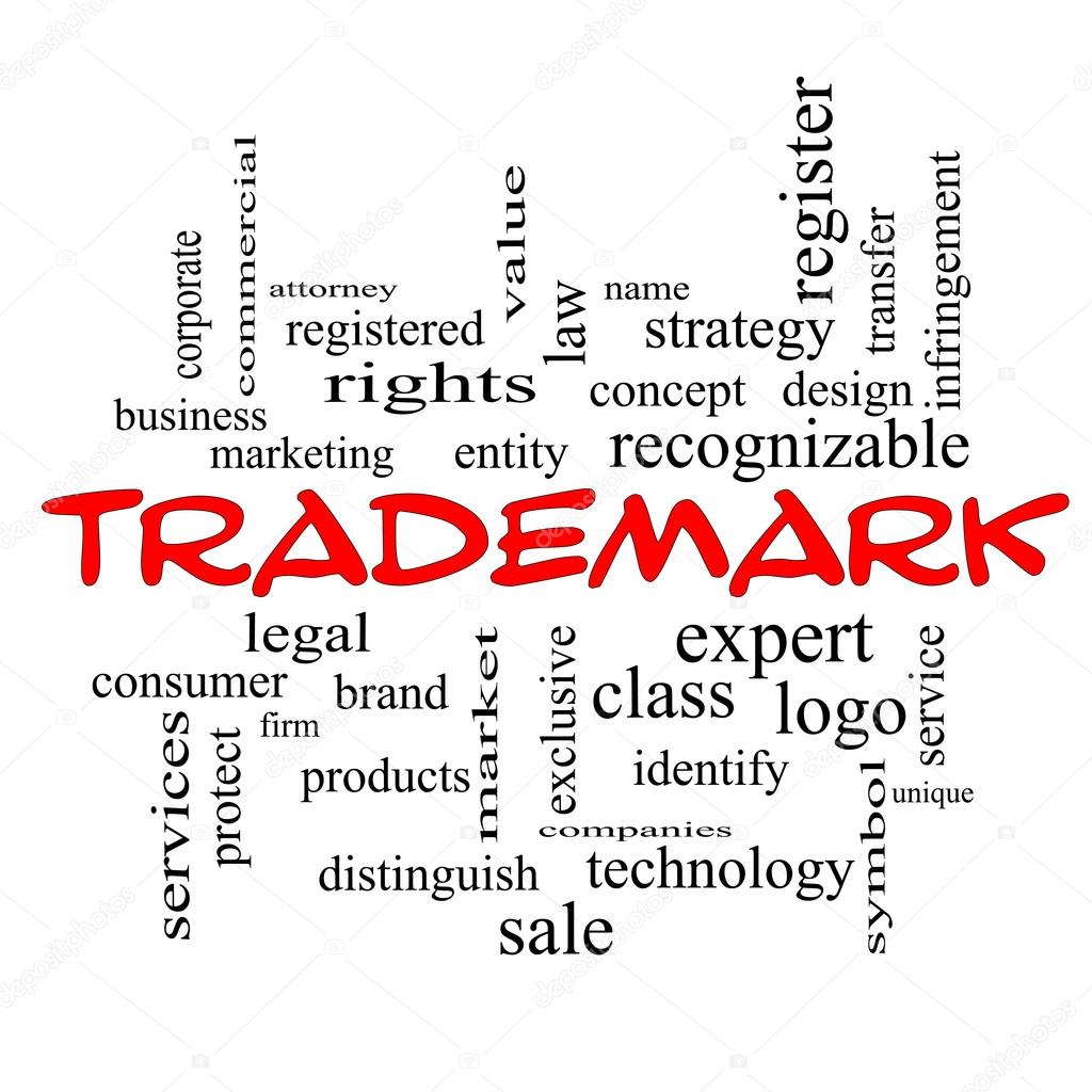 Trademark Word Cloud Concept in red caps with great terms such as brand, logo, legal and more.