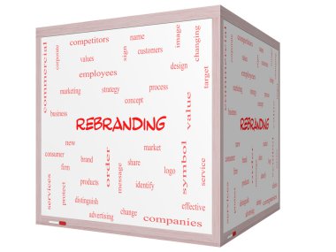 kelime bulutu kavramı 3d küp beyaz tahta üzerinde rebranding
